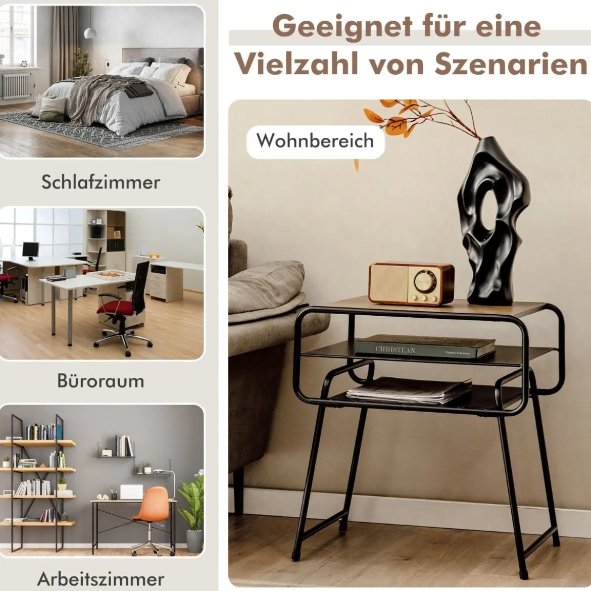 3-stöckiger Beistelltisch mit Aufbewahrungsregal Industrieller Tisch 50 x 40 x 55 cm Natur + Schwarz