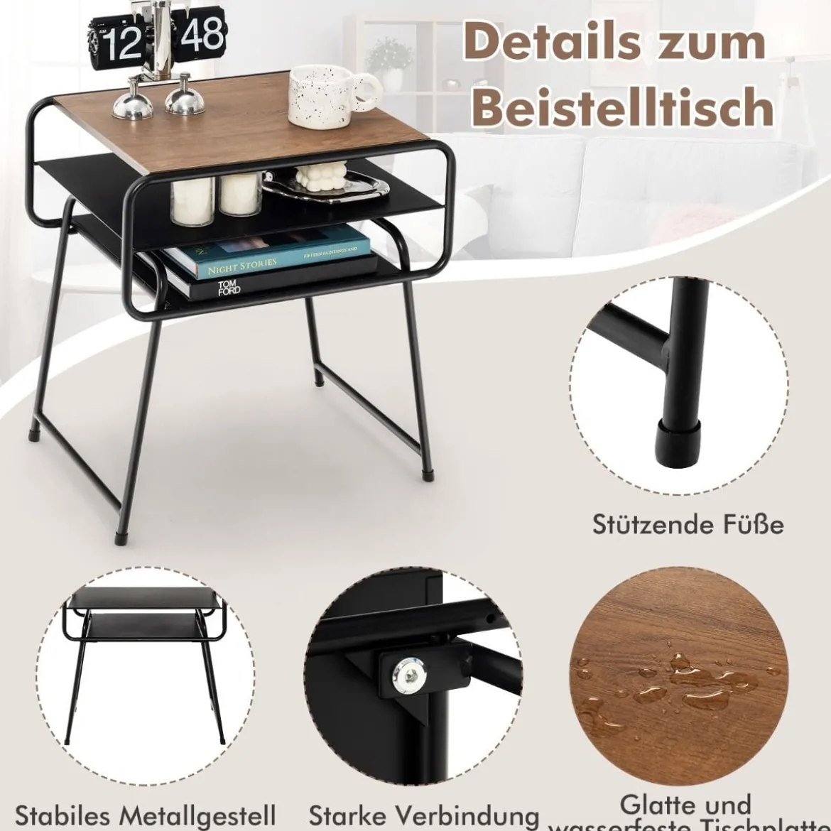 3-stöckiger Beistelltisch mit Aufbewahrungsregal Industrieller Tisch 50 x 40 x 55 cm Natur + Schwarz