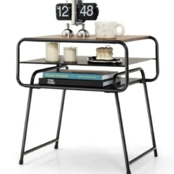 3-stöckiger Beistelltisch mit Aufbewahrungsregal Industrieller Tisch 50 x 40 x 55 cm Natur + Schwarz