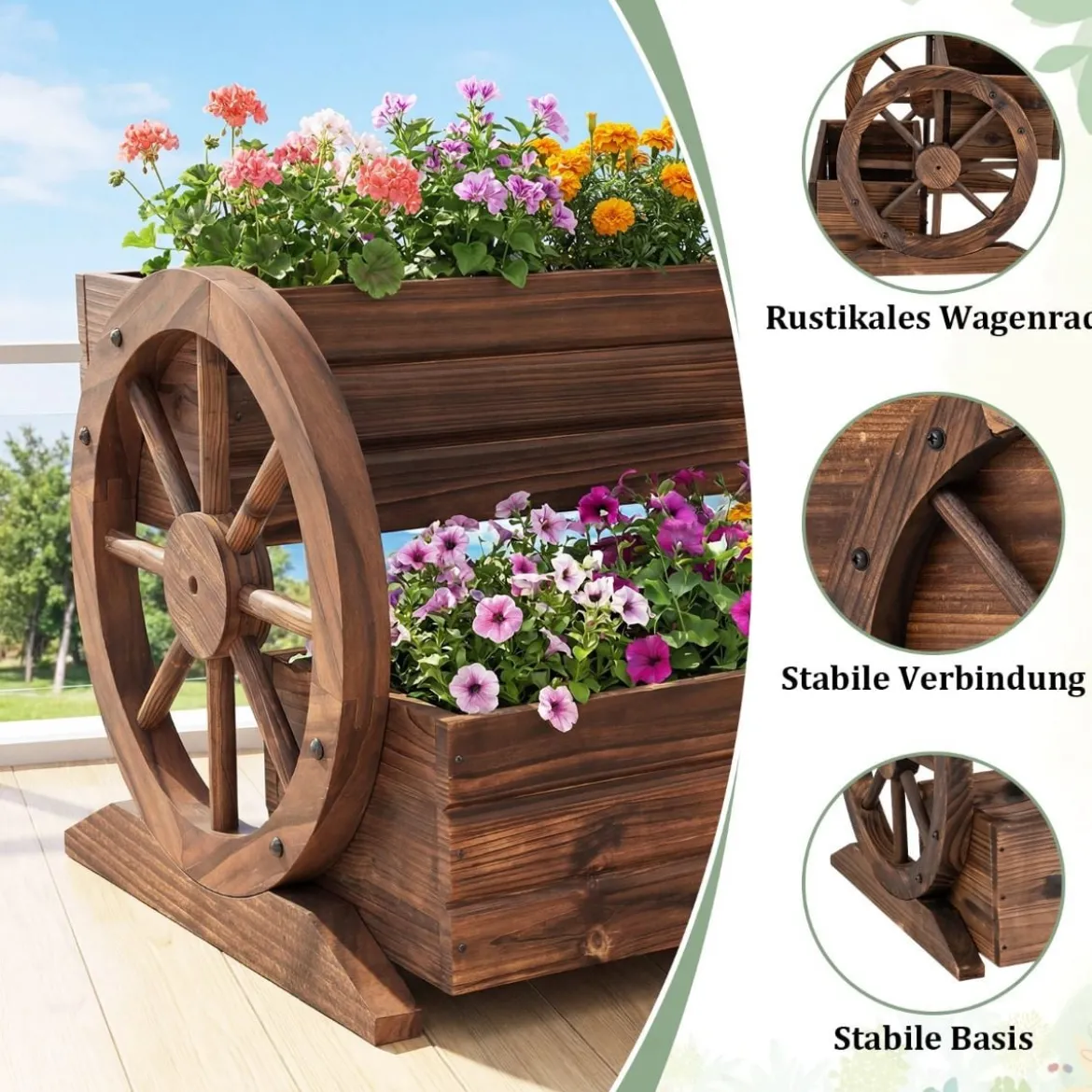 2-stöckiger Blumenkasten holz rustikale Holzwagen-Pflanzkübel mit Ablauflöchern Kaffee