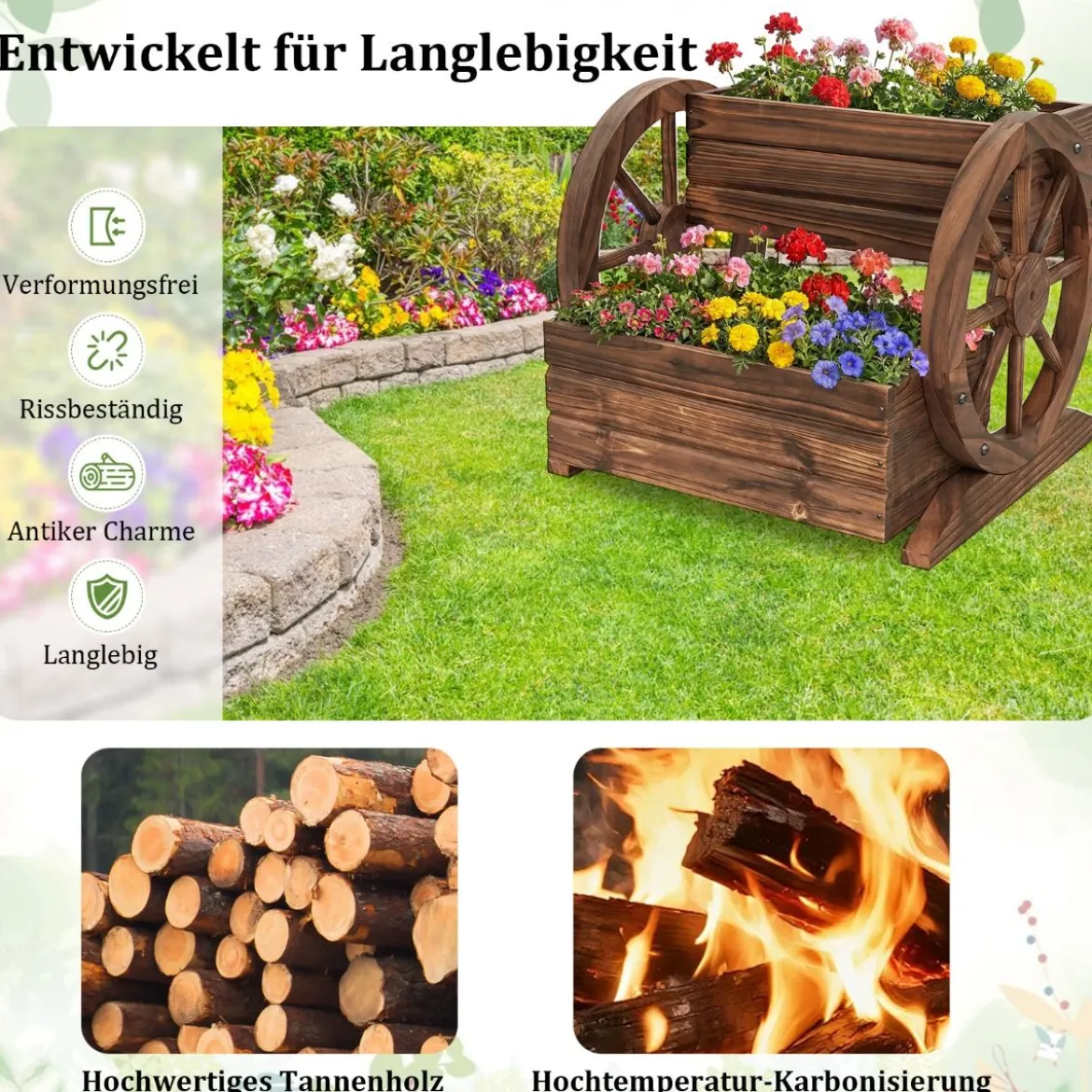 2-stöckiger Blumenkasten holz rustikale Holzwagen-Pflanzkübel mit Ablauflöchern Kaffee