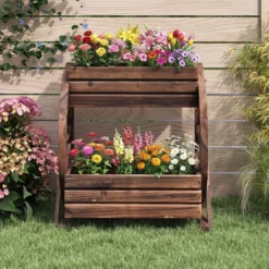 2-stöckiger Blumenkasten rustikaler Holz-Wagen-Pflanzkasten mit Ablauföffnungen Kaffee
