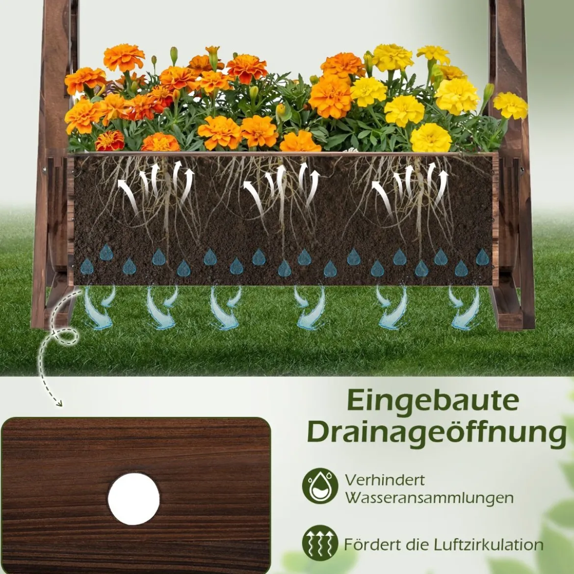 2-stöckiger Blumenkasten rustikaler Holz-Wagen-Pflanzkasten mit Ablauföffnungen Kaffee