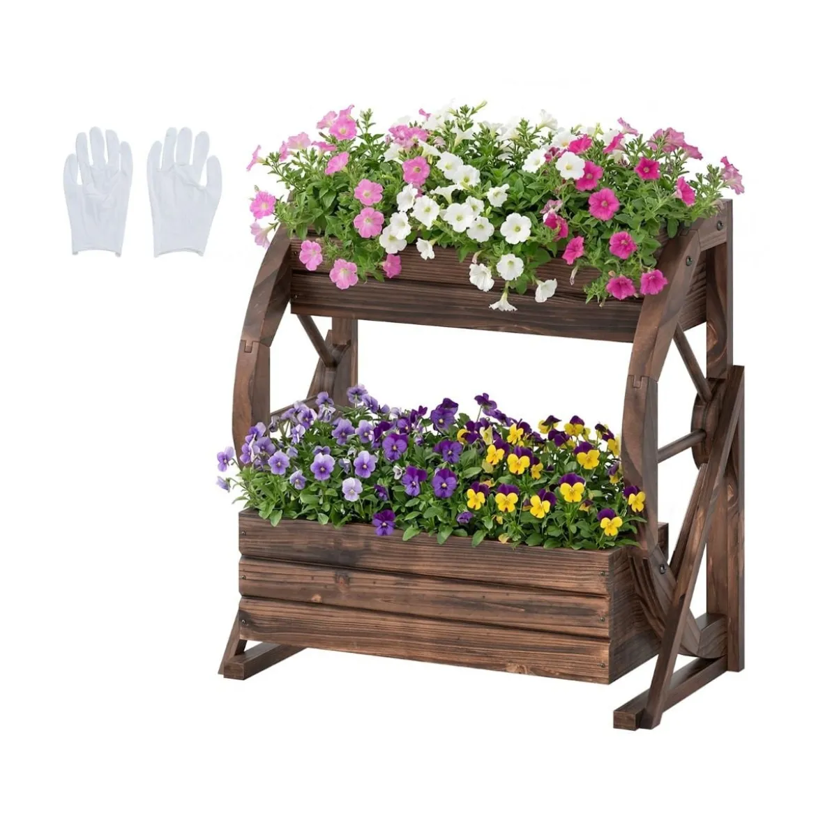 2-stöckiger Blumenkasten rustikaler Holz-Wagen-Pflanzkasten mit Ablauföffnungen Kaffee