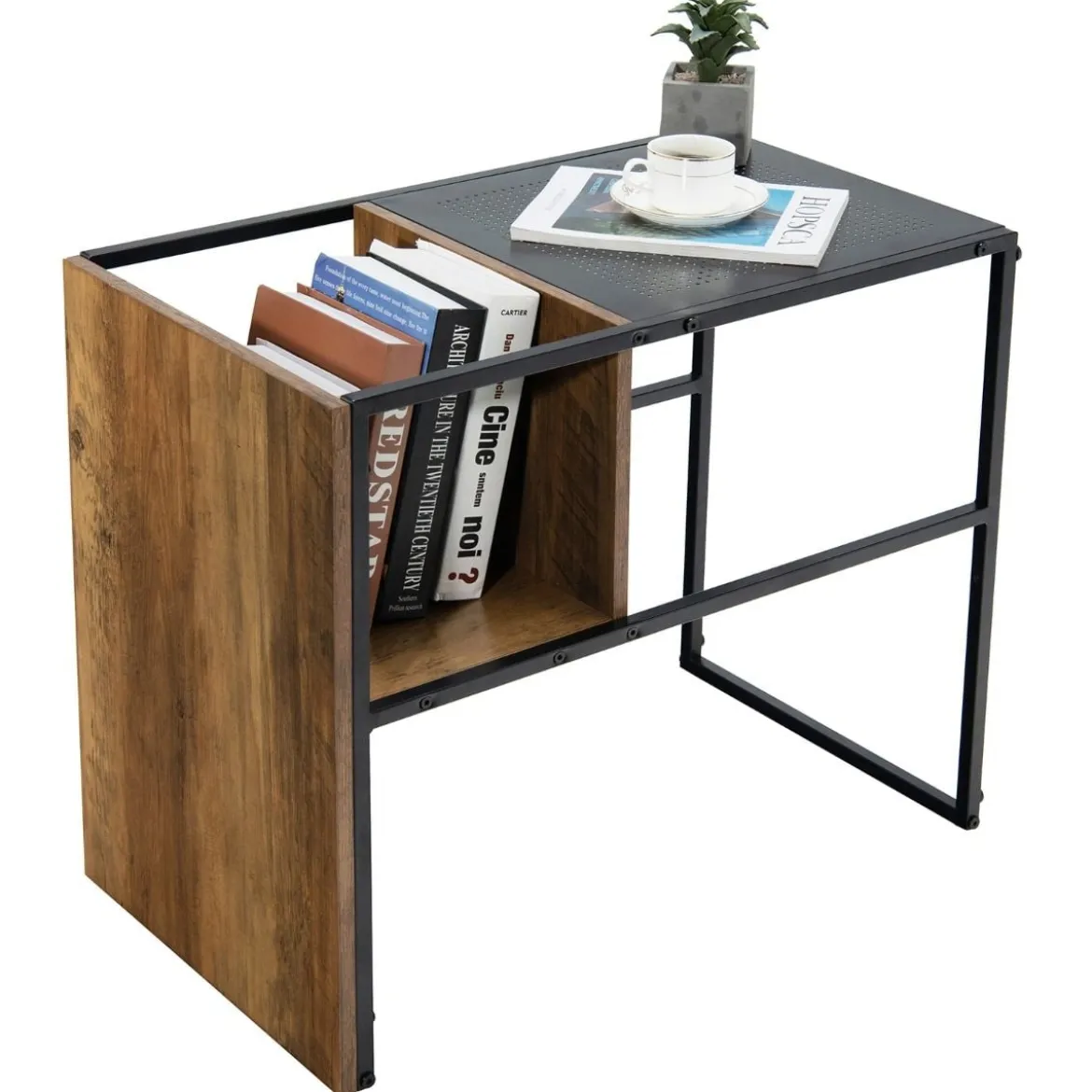 2-Stöckiger C-förmiger Beistelltisch mit Holzregal & Stahlrahmen für Wohn- / Schlafzimmer Eiche+Schwarz