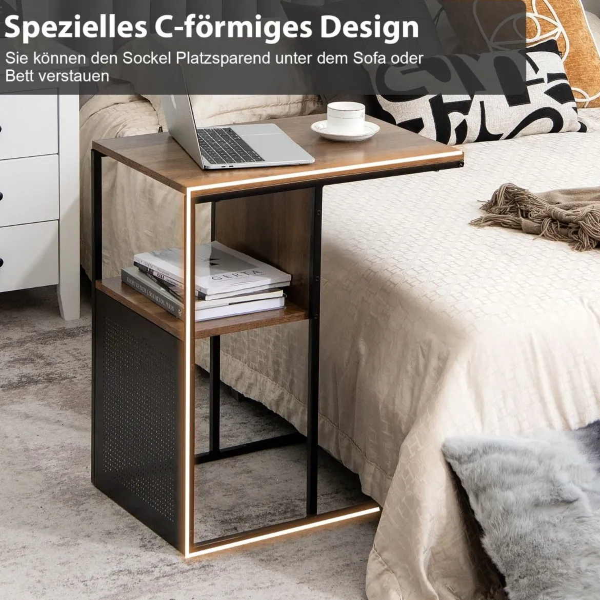 2-Stöckiger C-förmiger Beistelltisch mit Holzregal & Stahlrahmen für Wohn- / Schlafzimmer Eiche+Schwarz