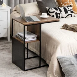 2-Stöckiger C-förmiger Beistelltisch mit Holzregal & Stahlrahmen für Wohn- / Schlafzimmer Eiche+Schwarz