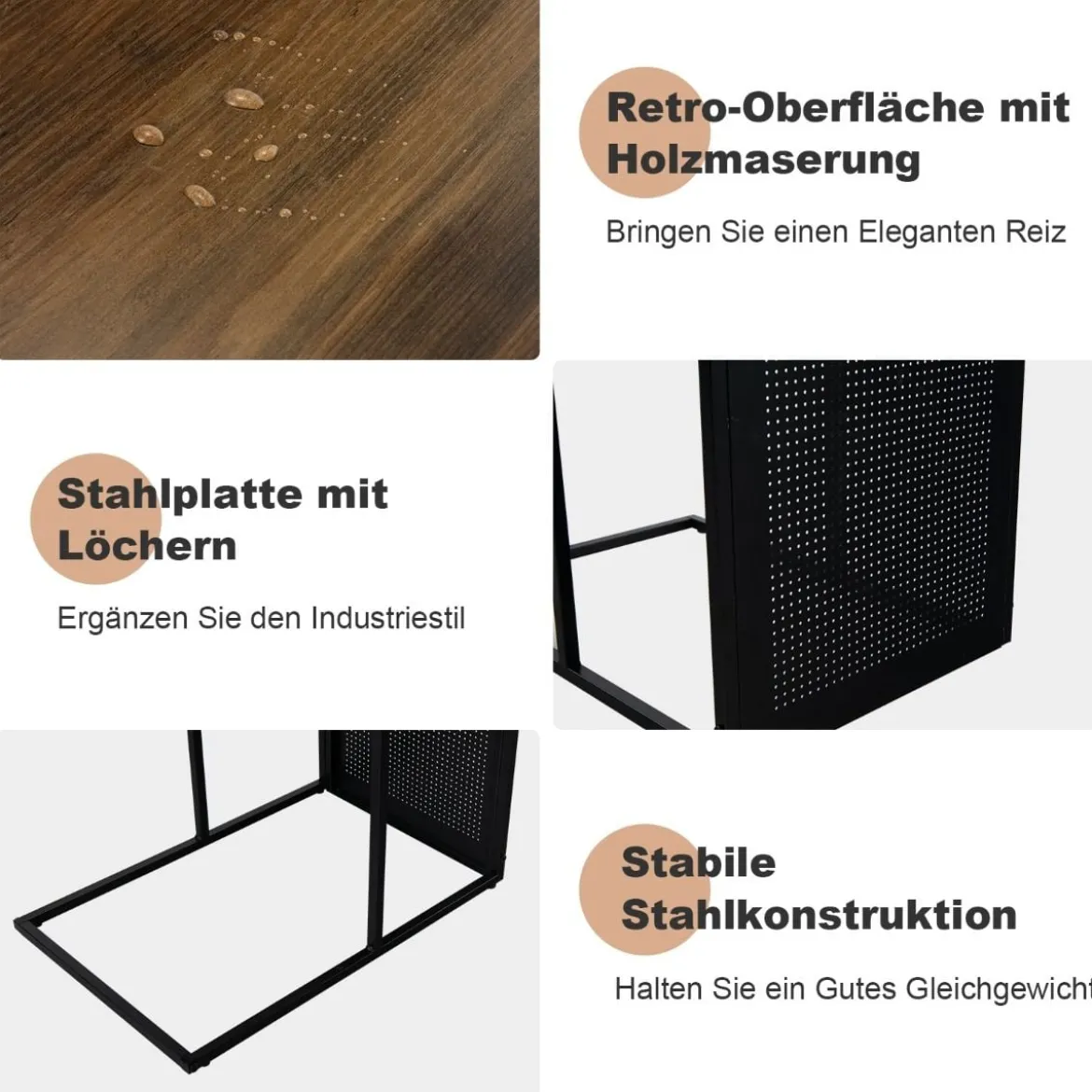 2-Stöckiger C-förmiger Beistelltisch mit Holzregal & Stahlrahmen für Wohn- / Schlafzimmer Eiche+Schwarz