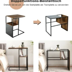 2-Stöckiger C-förmiger Beistelltisch mit Holzregal & Stahlrahmen für Wohn- / Schlafzimmer Eiche+Schwarz