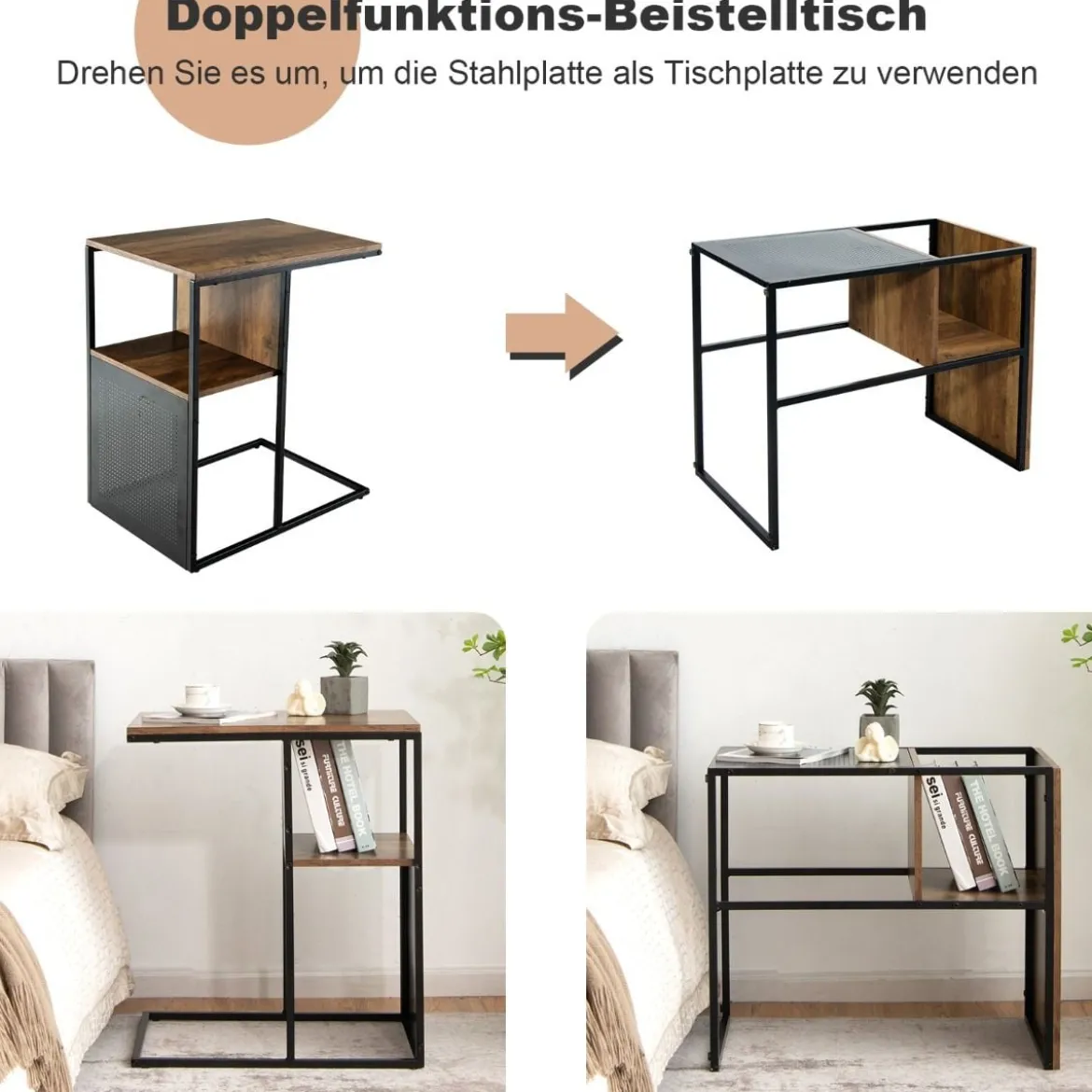 2-Stöckiger C-förmiger Beistelltisch mit Holzregal & Stahlrahmen für Wohn- / Schlafzimmer Eiche+Schwarz