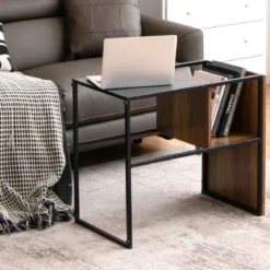 2-Stöckiger C-förmiger Beistelltisch mit Holzregal & Stahlrahmen für Wohn- / Schlafzimmer Eiche+Schwarz