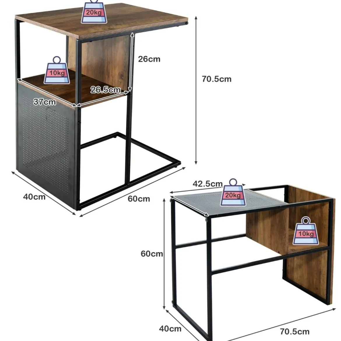 2-Stöckiger C-förmiger Beistelltisch mit Holzregal & Stahlrahmen für Wohn- / Schlafzimmer Eiche+Schwarz