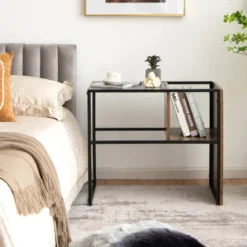 2-Stöckiger C-förmiger Beistelltisch mit Holzregal & Stahlrahmen für Wohn- / Schlafzimmer Eiche+Schwarz