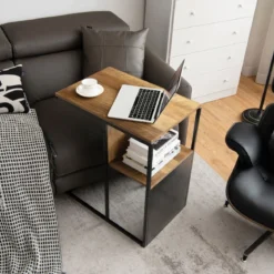2-Stöckiger C-förmiger Beistelltisch mit Holzregal & Stahlrahmen für Wohn- / Schlafzimmer Eiche+Schwarz