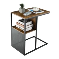 2-Stöckiger C-förmiger Beistelltisch mit Holzregal & Stahlrahmen für Wohn- / Schlafzimmer Eiche+Schwarz