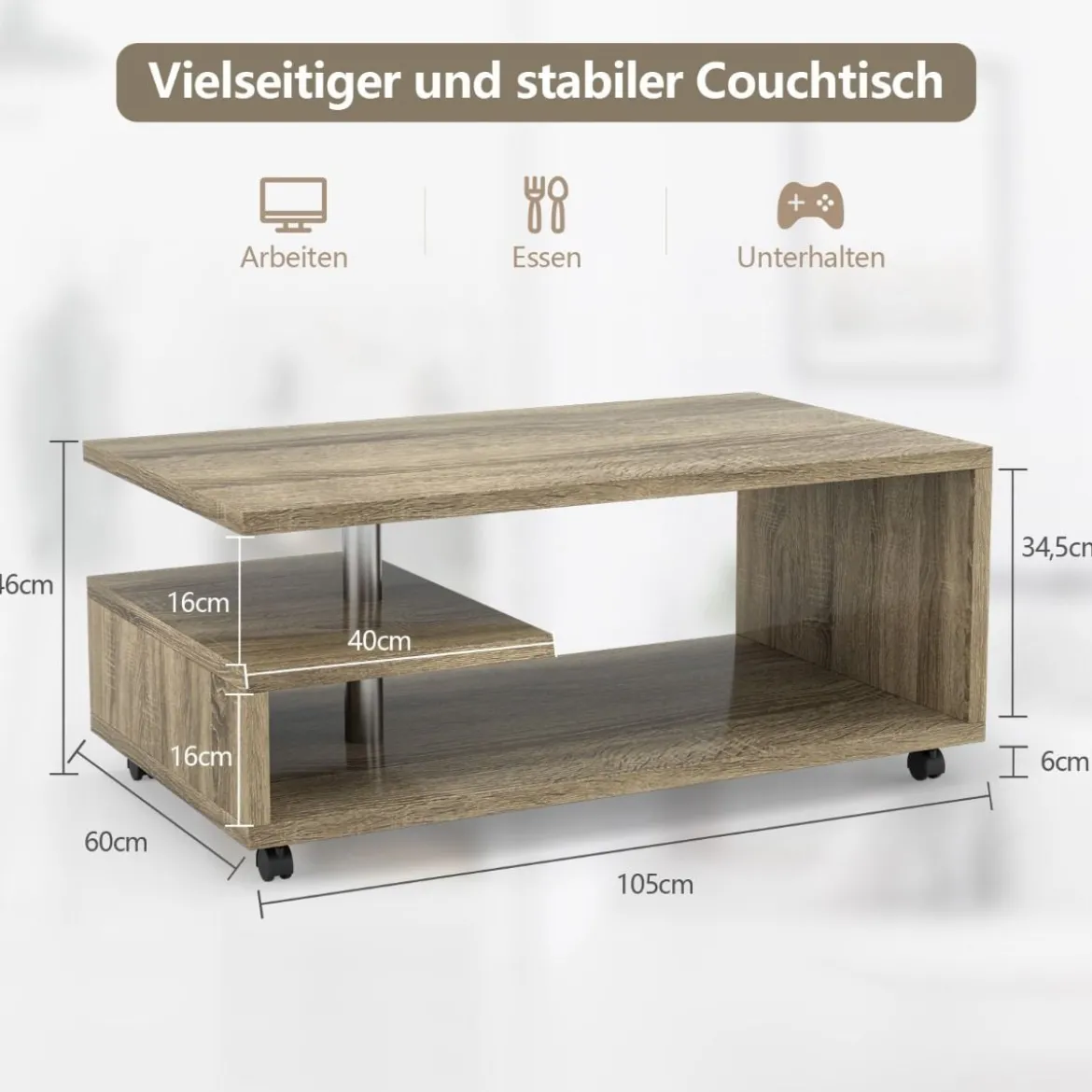 3-stöckiger Couchtisch moderner Konsolentisch mit 4 Rollen Beistelltisch mit Aufbewahrungsregal Braun