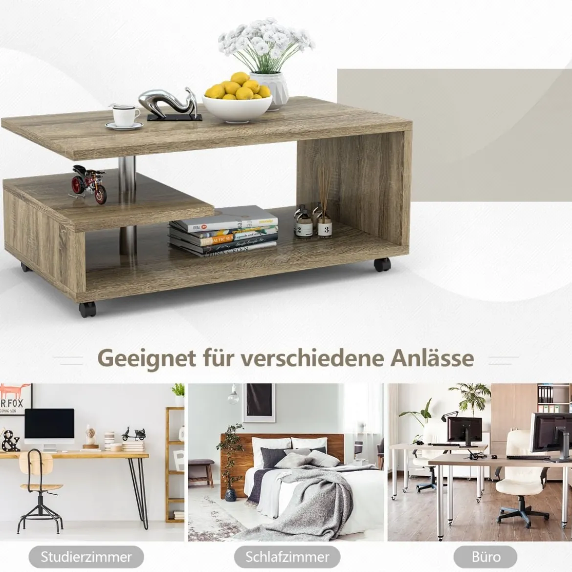 3-stöckiger Couchtisch moderner Konsolentisch mit 4 Rollen Beistelltisch mit Aufbewahrungsregal Braun