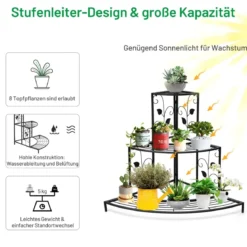 3-stöckiger Eck-Pflanzenständer aus Metall treppenförmiger Blumentopfhalter hübsches Pflanzenregal mit Blattmustern