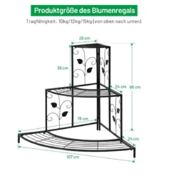 3-stöckiger Eck-Pflanzenständer aus Metall treppenförmiger Blumentopfhalter hübsches Pflanzenregal mit Blattmustern