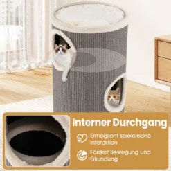 4-stöckiger Katzenkratzbaum mehrstöckiges Katzenhaus mit Sisal-Kratzbrett kuscheligem Schlafplatz fassförmiger Katzenturm Grau