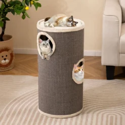 4-stöckiger Katzenkratzbaum mehrstöckiges Katzenhaus mit Sisal-Kratzbrett kuscheligem Schlafplatz fassförmiger Katzenturm Grau