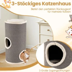 4-stöckiger Katzenkratzbaum mehrstöckiges Katzenhaus mit Sisal-Kratzbrett kuscheligem Schlafplatz fassförmiger Katzenturm Grau