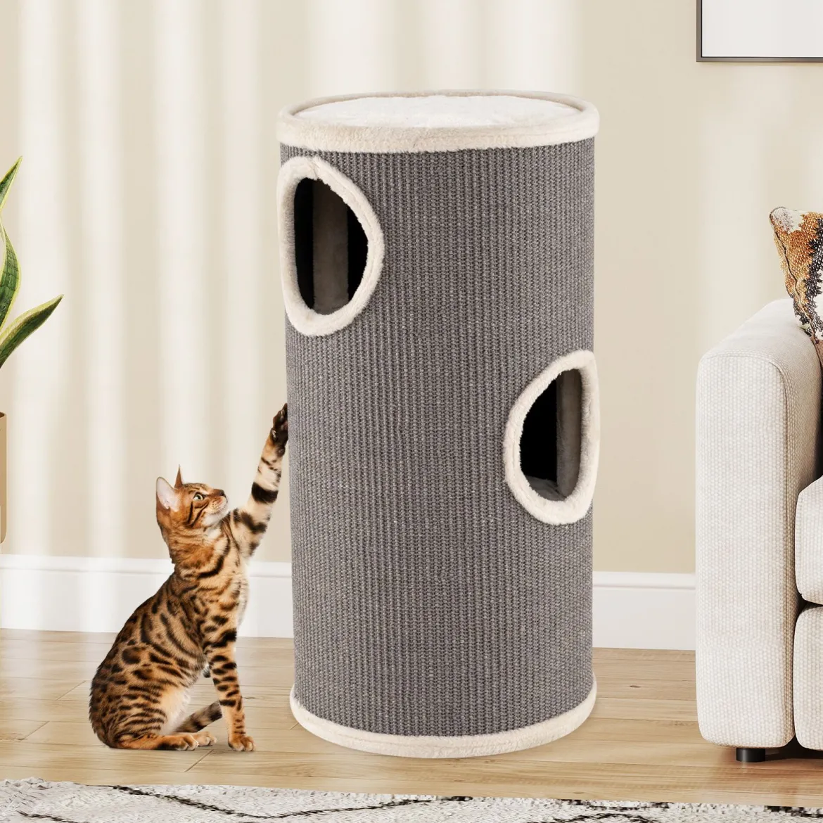4-stöckiger Katzenkratzbaum mehrstöckiges Katzenhaus mit Sisal-Kratzbrett kuscheligem Schlafplatz fassförmiger Katzenturm Grau