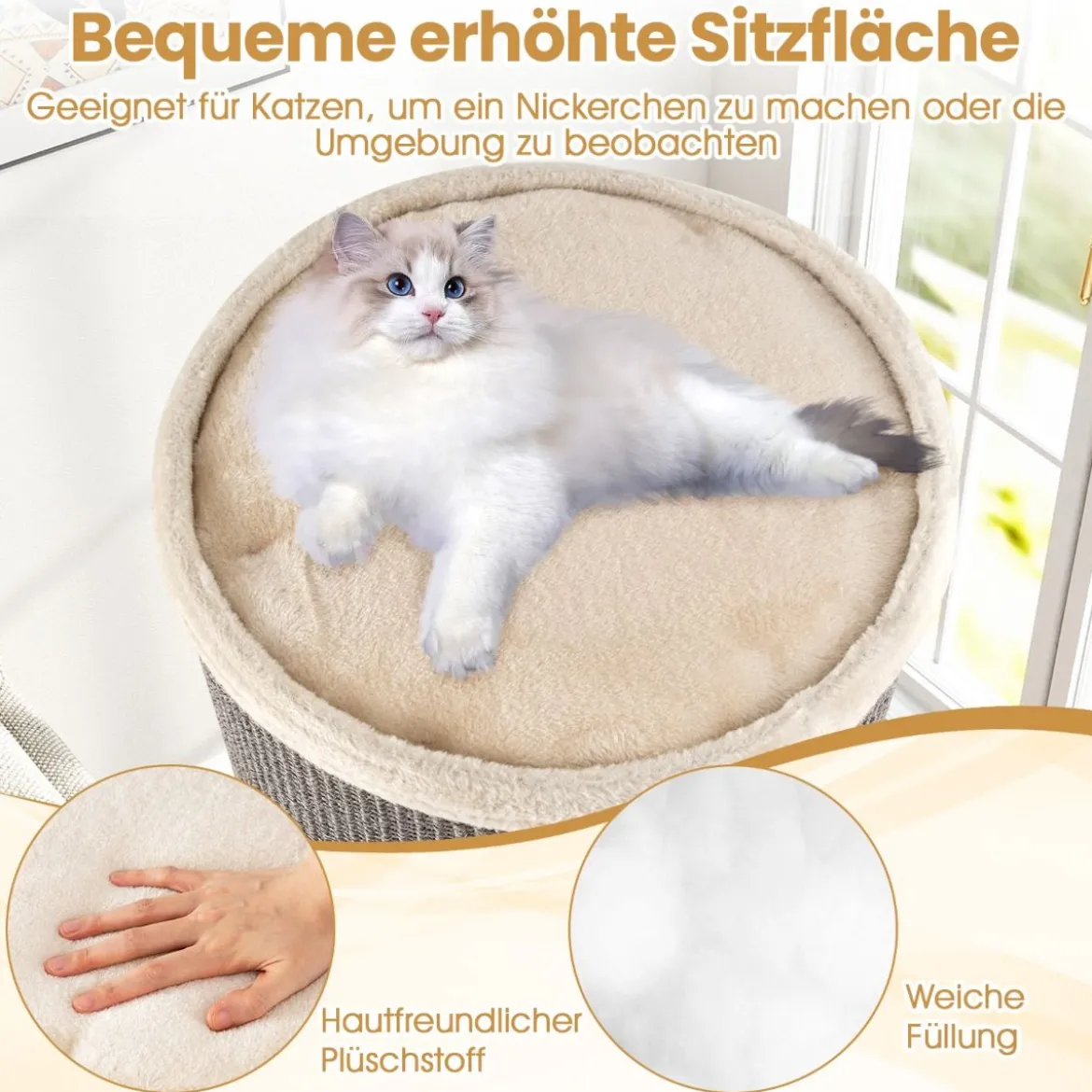 4-stöckiger Katzenkratzbaum mehrstöckiges Katzenhaus mit Sisal-Kratzbrett kuscheligem Schlafplatz fassförmiger Katzenturm Grau