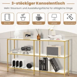 3-Stöckiger Konsolentisch aus Glas Glastisch mit Ablage 130 x 30 x 73 cm Gold