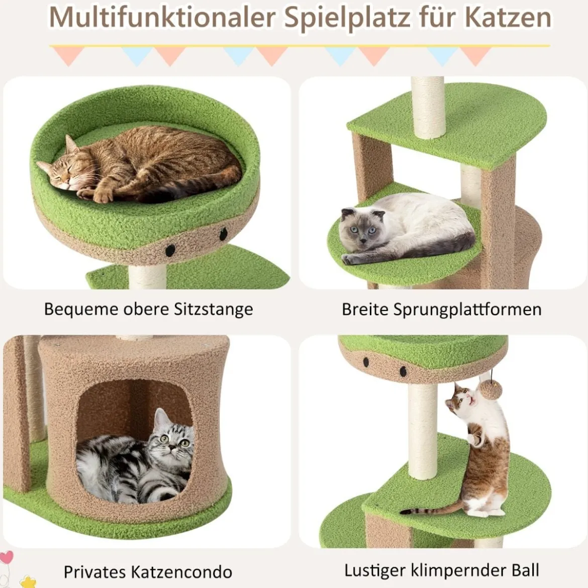 5-stöckiger Kratzbaum aus Holz & Plüschstoff mit Sitzplattform & Ball & Katzenhöhle & Sisalpfosten