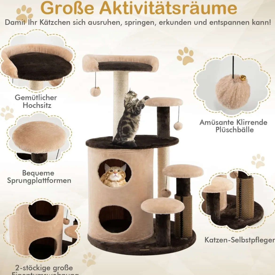 6-Stöckiger Kratzbaum Katzenbaum mit Sisalpfosten für Ruhe und Spaß für Kätzchen Kaffee