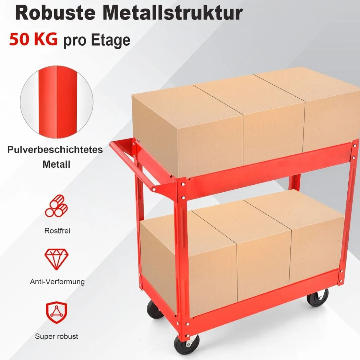 2-stöckiger Mehrzweckwagen mit Griff rollender Werkzeugwagen aus Metall Rot