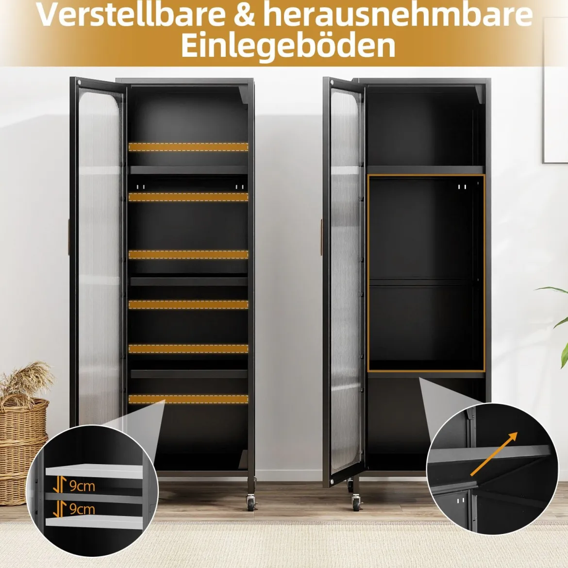5-stöckiger Metall-Küchenschrank hoher schmaler Mehrzweckschrank mit verstellbaren Regalen Schwarz