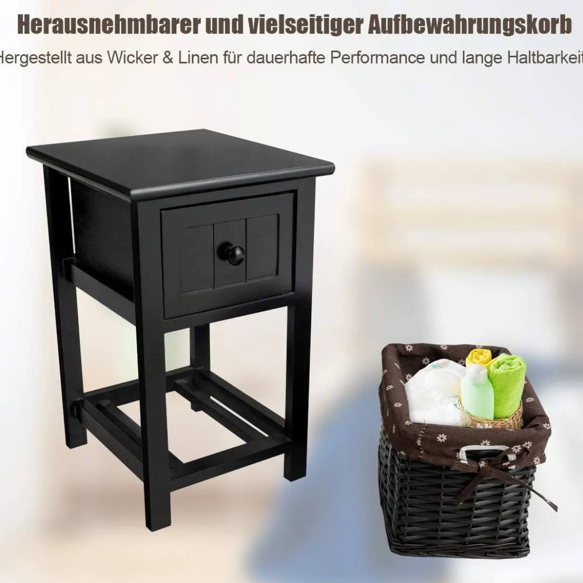 2-Stöckiger Nachttisch aus Holz mit Schublade und Korb stilvollenund modernen Design Ideal für das Schlaf- und Wohnzimmer Schwarz