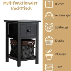 2-Stöckiger Nachttisch aus Holz mit Schublade und Korb stilvollenund modernen Design Ideal für das Schlaf- und Wohnzimmer Schwarz