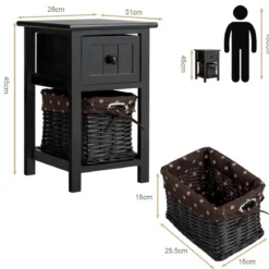 2-Stöckiger Nachttisch aus Holz mit Schublade und Korb stilvollenund modernen Design Ideal für das Schlaf- und Wohnzimmer Schwarz