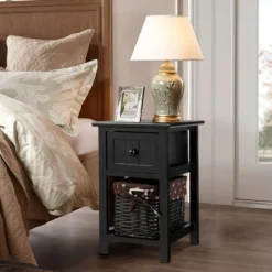 2-Stöckiger Nachttisch aus Holz mit Schublade und Korb stilvollenund modernen Design Ideal für das Schlaf- und Wohnzimmer Schwarz