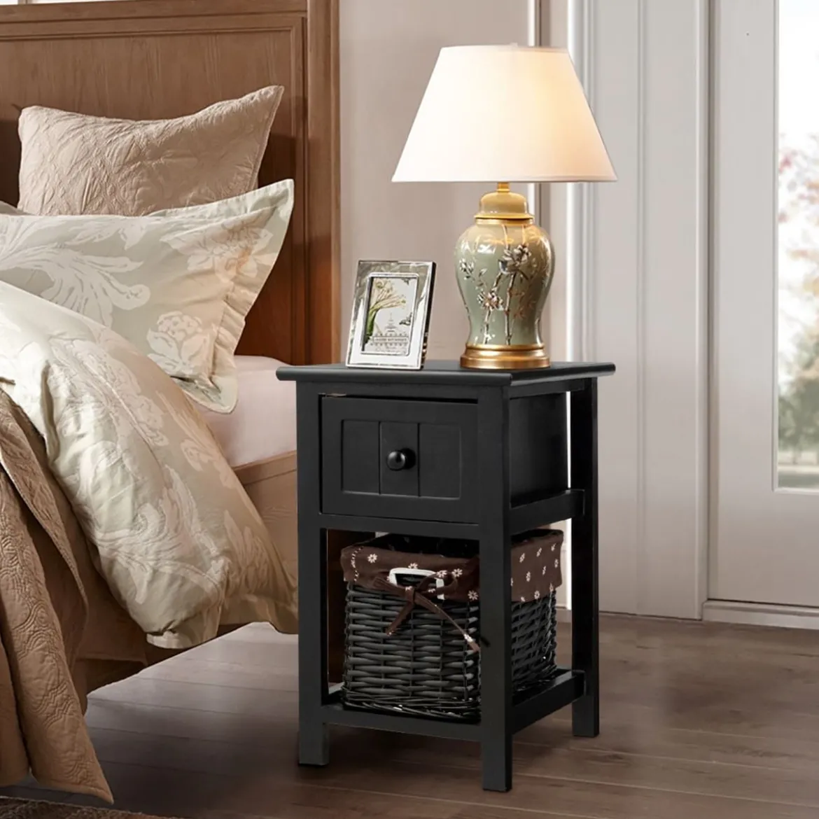 2-Stöckiger Nachttisch aus Holz mit Schublade und Korb stilvollenund modernen Design Ideal für das Schlaf- und Wohnzimmer Schwarz