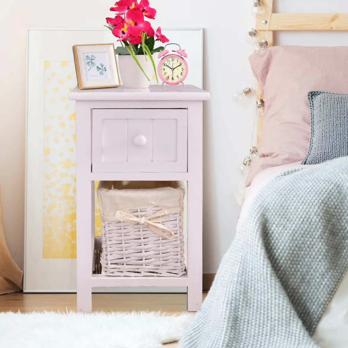 2-Stöckiger Nachttisch aus Holz mit Schublade und Korb stilvollenund modernen Design Ideal für das Schlaf- und Wohnzimmer Weiß
