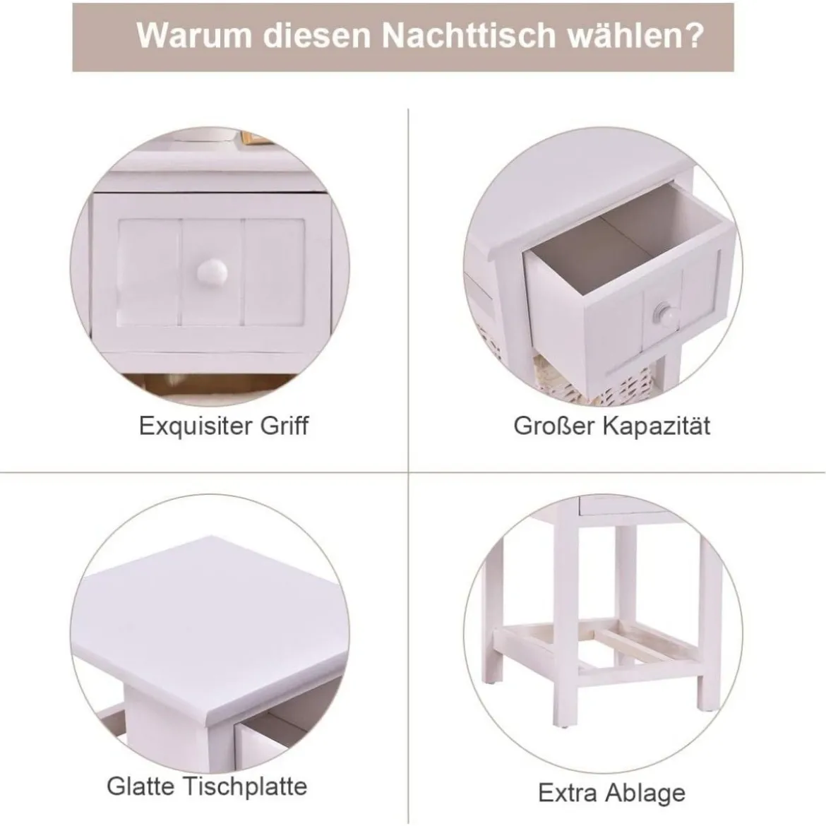 2-Stöckiger Nachttisch aus Holz mit Schublade und Korb stilvollenund modernen Design Ideal für das Schlaf- und Wohnzimmer Weiß
