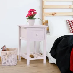 2-Stöckiger Nachttisch aus Holz mit Schublade und Korb stilvollenund modernen Design Ideal für das Schlaf- und Wohnzimmer Weiß