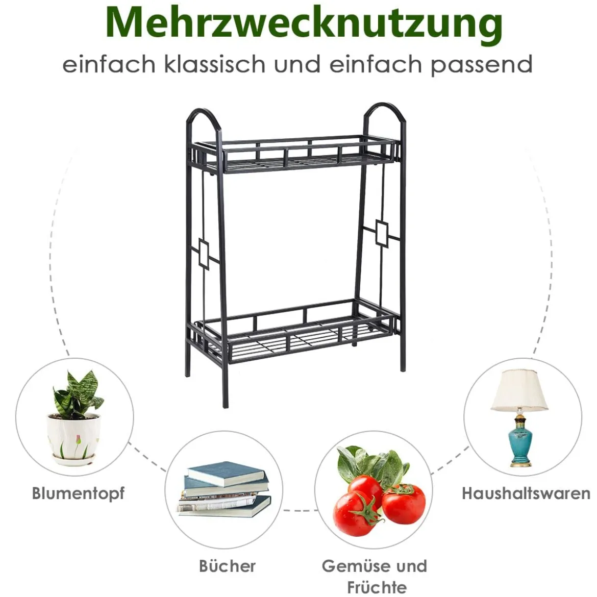 2-stöckiger Pflanzenständer aus Metall freistehendes Blumenregal Standregal Schwarz