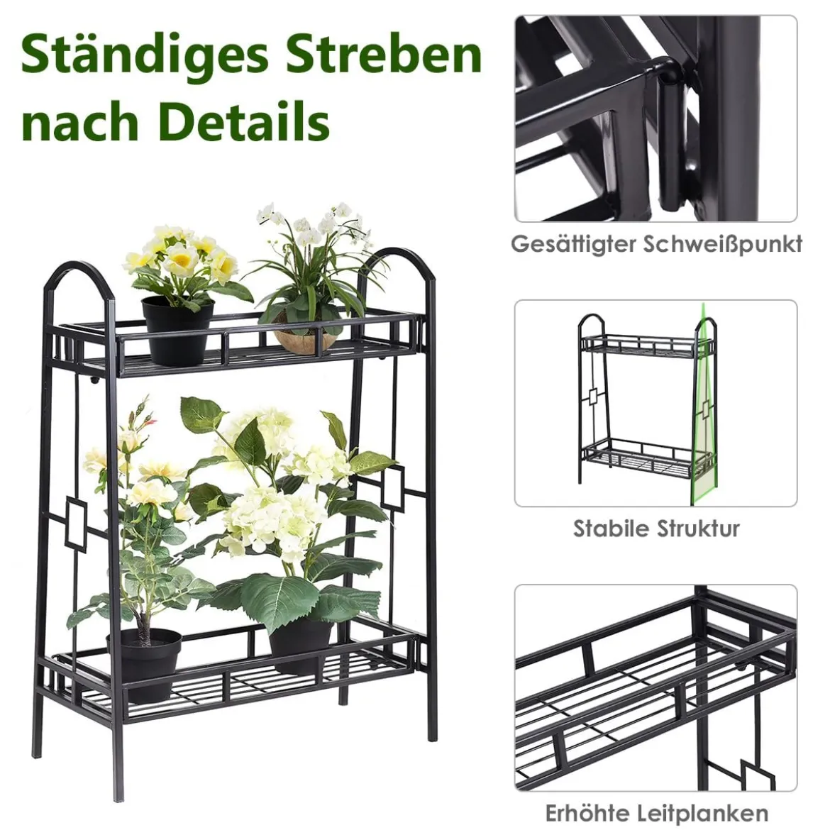 2-stöckiger Pflanzenständer aus Metall freistehendes Blumenregal Standregal Schwarz