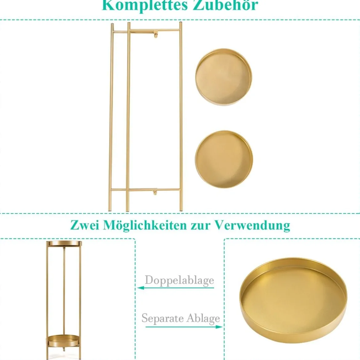2-stöckiger Pflanzenständer aus Metall Moderner Blumenständer mit Ablage 25 x 80 cm Golden