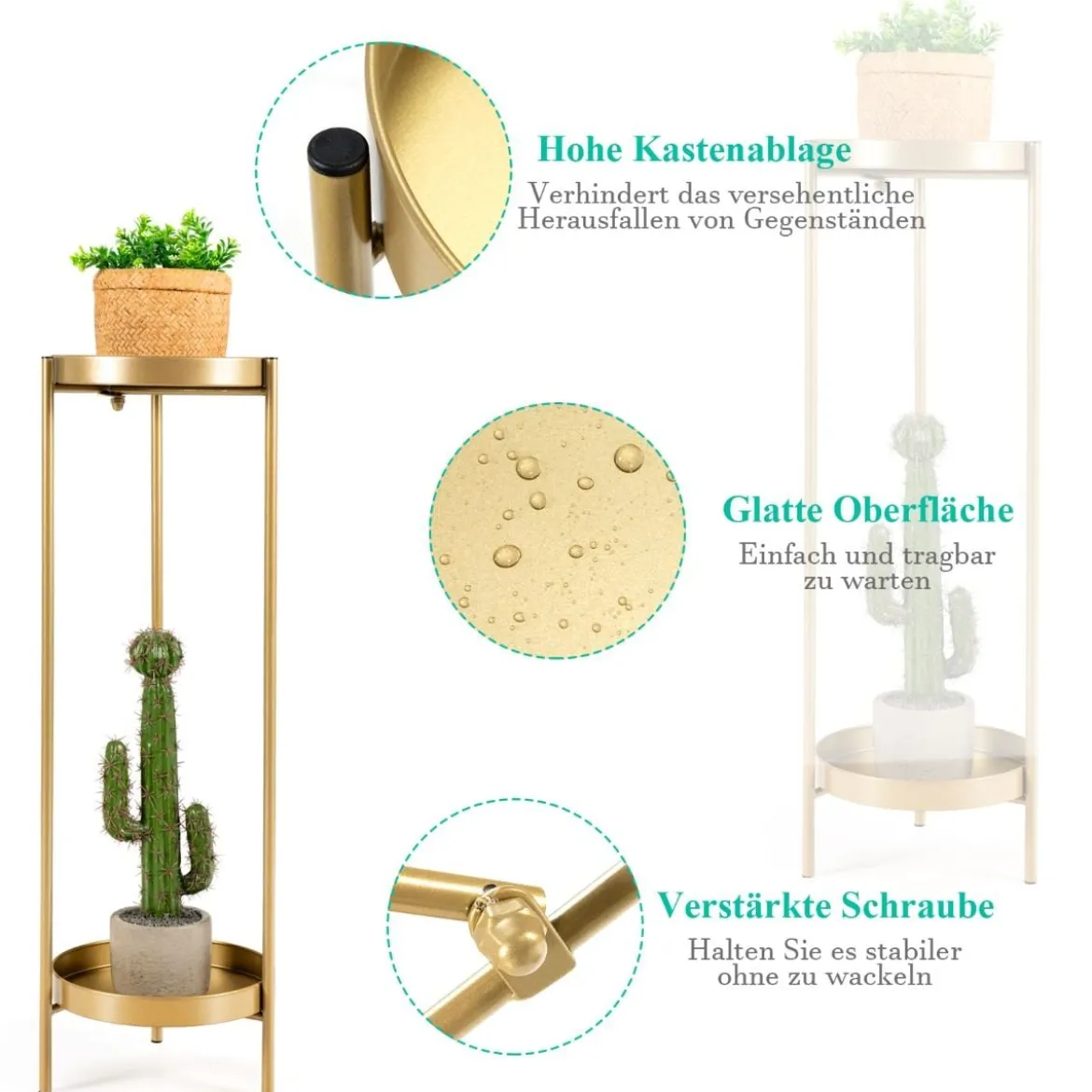 2-stöckiger Pflanzenständer aus Metall Moderner Blumenständer mit Ablage 25 x 80 cm Golden