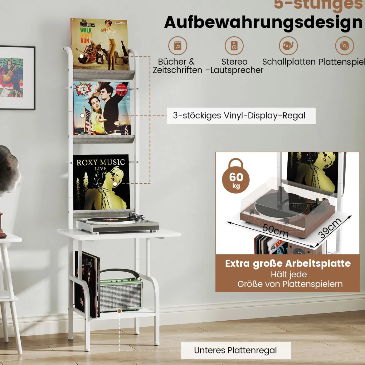 5-stöckiger Plattenspielerständer mit Vinyl-Ausstellungsregal Schallplattenständer Weiß