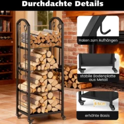 4-stöckiger rollbarer Holzscheit-Stapelhalter mobiler Holzständer für innen und außen mit Zange Schwarz