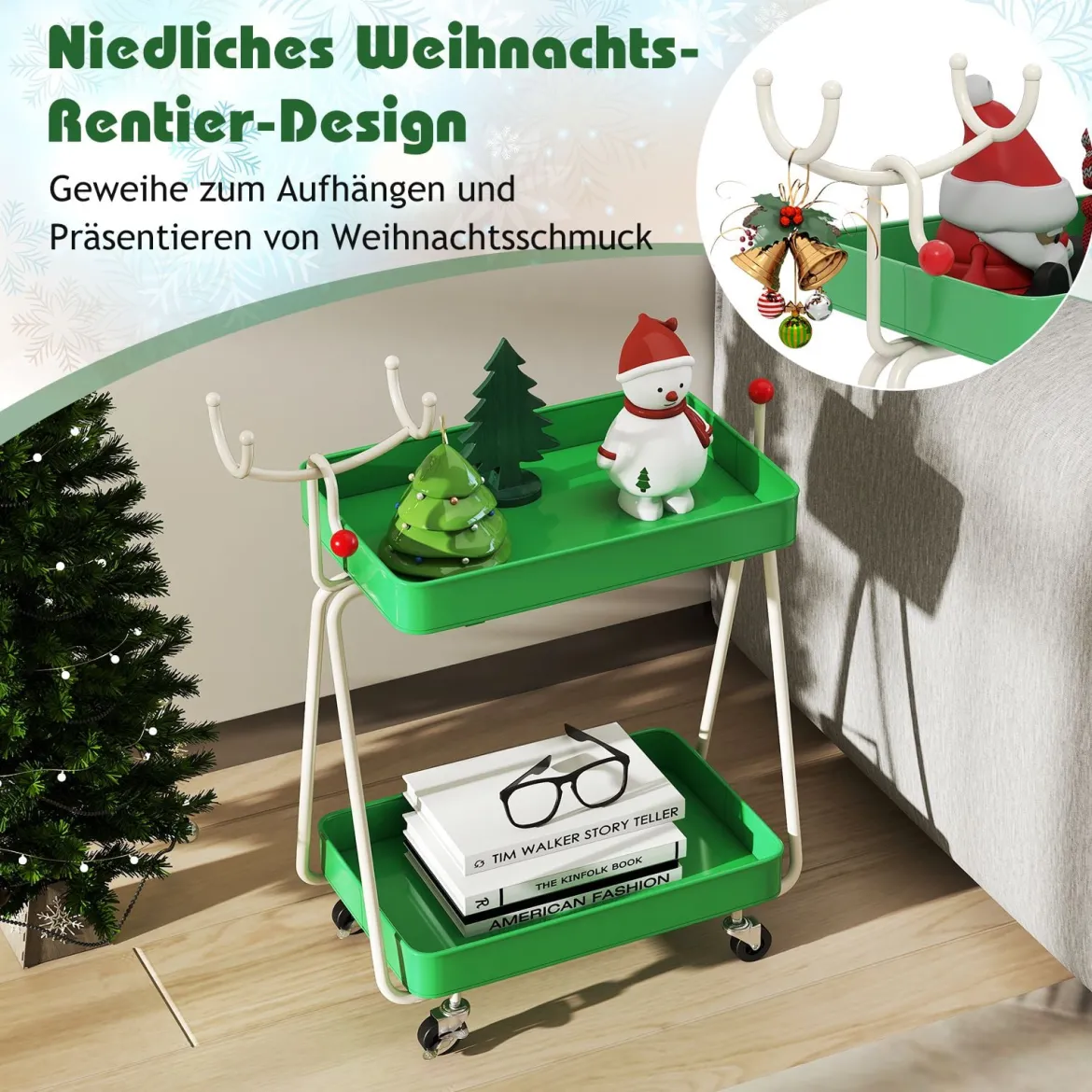 2-stöckiger Rollwagen in Rentierform Servierwagen Küchewagenfür Weihnachten Grün