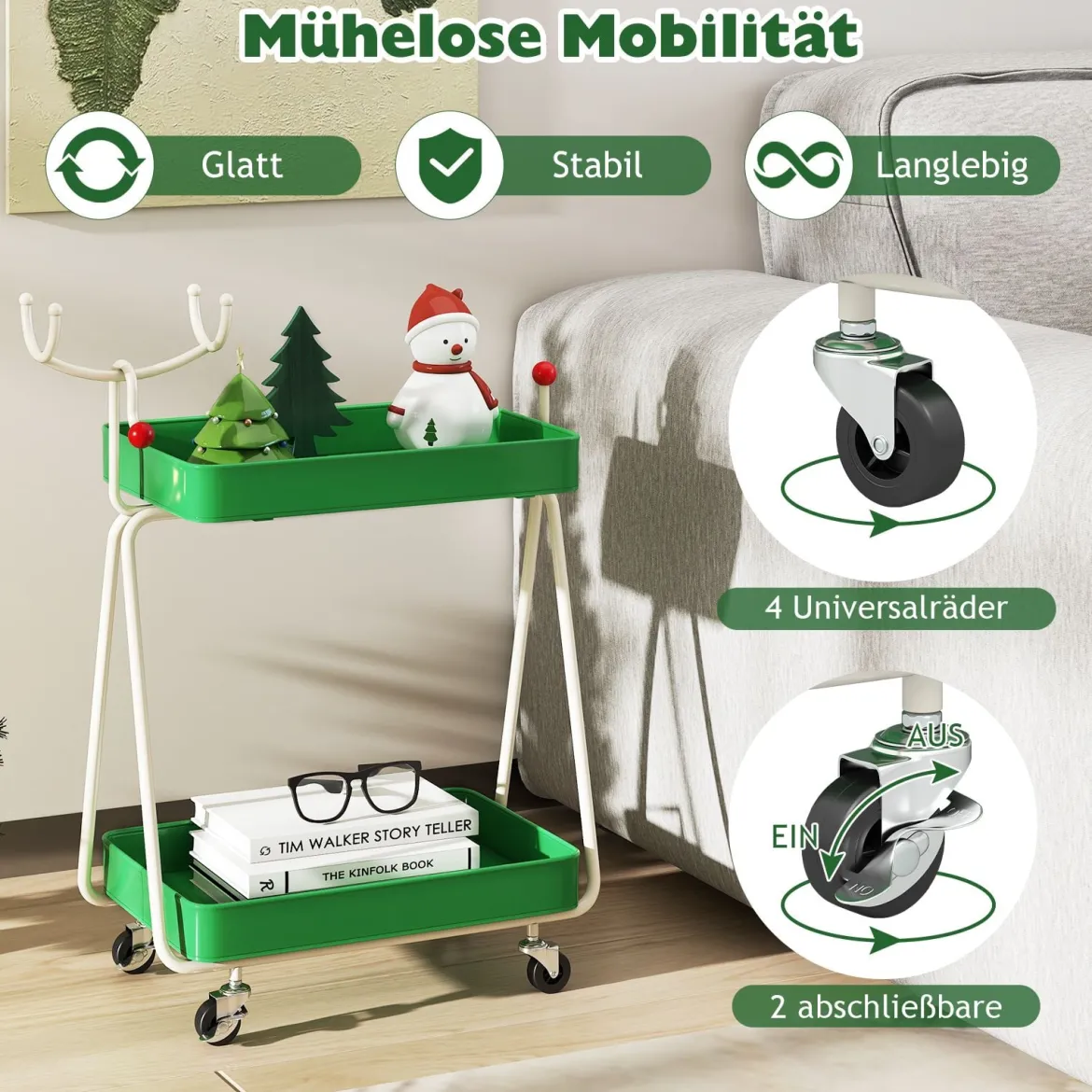2-stöckiger Rollwagen in Rentierform Servierwagen Küchewagenfür Weihnachten Grün