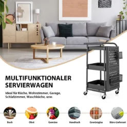 3-stöckiger Rollwagen Metallwagen mit 2 Steckplatten & 2 Körben & 4 Haken Grau